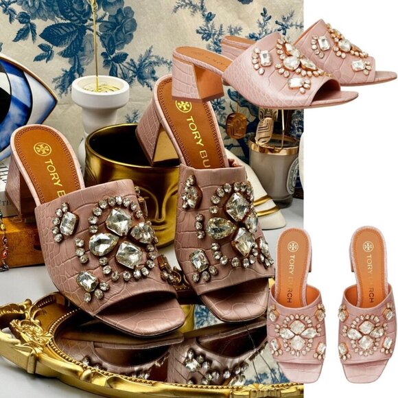 🆕 TORY BURCH 🧿 NWOT Martine Pink Croc Embossed Crystal Mid Heel Slide - Sz 6 - Picture 1 of 16